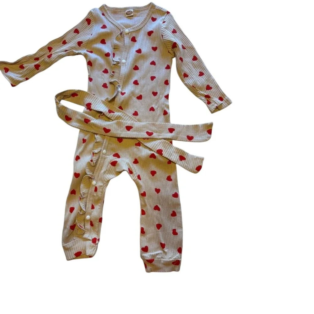 Heart Print Ruffle Romper with Belt, Long Sleeve, Valentine's Day Outfit, 100